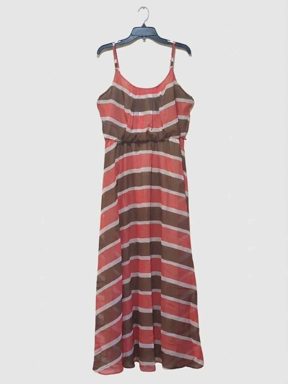 Signature by Robbie Bee Striped Chiffon Maxi Dress Coral Brown Size 14 L/XL